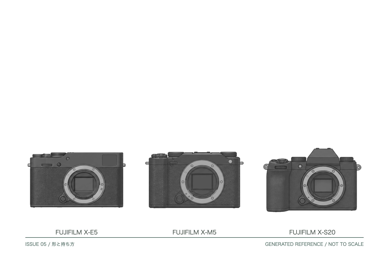 FUJIFILM X-E5、FUJIFILM X-M5、FUJIFILM X-S20の生成参考図を並べた編集ビジュアル。実機写真・縮尺比較ではありません。